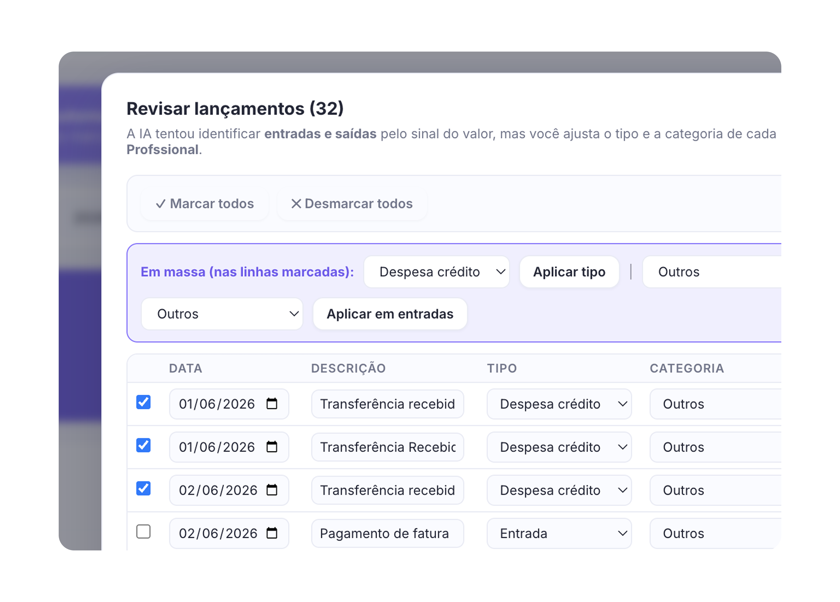 Importação de extratos e faturas do Dashboard Financeiro